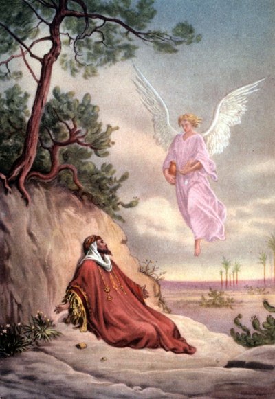 Conjunto de postales educativas bíblicas de los años 50 , realizadas según Bellas Artes: aquí después de "Elías salvado por un ángel" de Gustave Dore de Gustave Dore