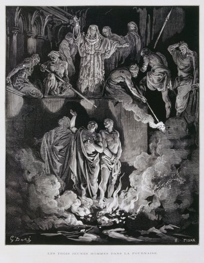 Sadrac, Mesac y Abednego en el horno de fuego, ilustración de la Biblia de Dore. de Gustave Dore