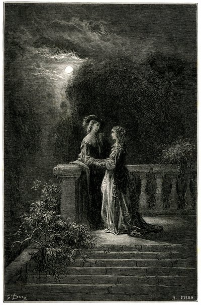 Sigognac e Isabelle: amantes finalmente unidos a la luz de la luna. ¡Al final triunfa el amor! Grabado de Gustave Dore que ilustra la novela picaresca de capa y espada de Theophile Gautier "Le capitaine Fracasse", edición Charpentier 1863. de Gustave Dore
