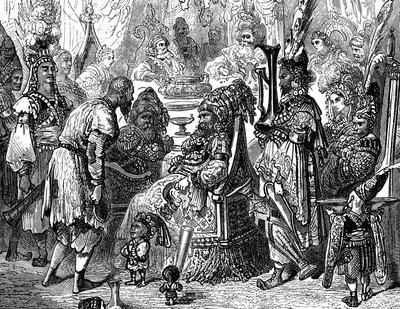 Sindbad el marino (Simbad) - cuento de las mil y una (1001) noches - ilustración de Gustave Dore (detalle) - edición Maxwell 1865 - Prólogo: un pobre portador (Hinbad) se presenta ante Sindbad, que se ha hecho viejo y rico. Éste le dirá de Gustave Dore