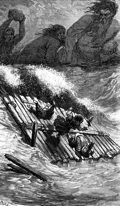 Sindbad el marino (Simbad) - cuento de las mil y una (1001) noches - ilustración de Gustave Dore - edición Maxwell 1865 - Tercer viaje: Sindbad y sus compañeros se hacen a la mar a bordo de una balsa y son perseguidos por gigantes que les lanzan enormes pi de Gustave Dore