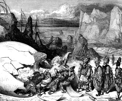 Sindbad el marino (Simbad) - cuento de las mil y una (1001) noches - ilustración de Gustave Dore (detalle) - edición Maxwell 1865 - Quinto viaje: los mercaderes que acompañan a Sindbad rompen la cáscara de un gigantesco huevo del ave gigante Roc para extra de Gustave Dore