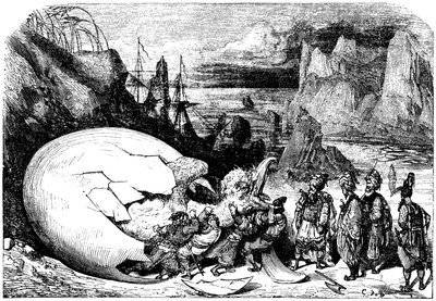 Sindbad el marino (Simbad) - cuento de las mil y una (1001) noches - ilustración de Gustave Dore - edición Maxwell 1865 - Quinto viaje: los mercaderes que acompañan a Sindbad rompen la cáscara de un gigantesco huevo del ave gigante Roc para extraer una eno de Gustave Dore
