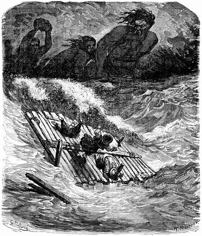 Sindbad el marino (Simbad) - cuento de las mil y una (1001) noches - ilustración de Gustave Dore - edición Maxwell 1865 - Tercer viaje: Sindbad y sus compañeros tras hacerse a la mar a bordo de una balsa son perseguidos por gigantes que les lanzan enormes  de Gustave Dore