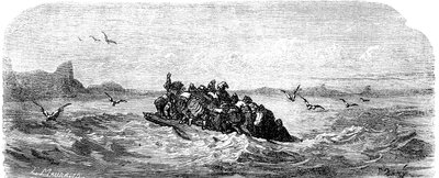 Sindbad el marino (Simbad) - cuento de las mil y una (1001) noches - ilustración de Gustave Dore - edición Maxwell 1865 - Tercer viaje: Sindbad y sus compañeros navegan a bordo de una balsa de Gustave Dore