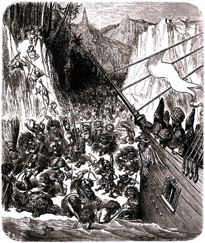 Sindbad el marino (Simbad) - cuento de las mil y una (1001) noches - ilustración de Gustave Dore - Tercer viaje: un tempete arroja el barco de Sindbad y sus compañeros a una isla donde son asaltados por una multitud de seres diminutos y horribles. de Gustave Dore