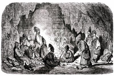 Sindbad el marino (Simbad) - cuento de las mil y una (1001) noches - ilustración de Gustave Dore - Edición Maxwell 1865 - Primer viaje: Sindbad, abandonado en medio del mar por sus compañeros, llega a una isla y encuentra en una cueva a la palefrenie de Gustave Dore