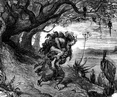 Sindbad el marino (Simbad) - cuento de las mil y una noches (1001) - ilustración de Gustave Dore (detalle) - edición Maxwell 1865 - Quinto viaje: Sindbad se ve obligado a llevar sobre su hombro a un anciano que se aferra a él y del que ya no puede desprend de Gustave Dore