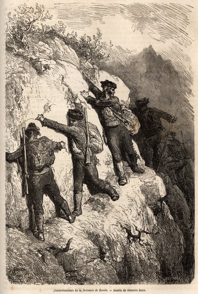 Contrabandistas de la Serranía de Ronda. Dibujo de Gustave Doré (1832-1883), para ilustrar su viaje a España en 1862, con Ch. Davillier. Grabado en “Le tour du monde”, editado por Edouard Charton de Gustave Dore