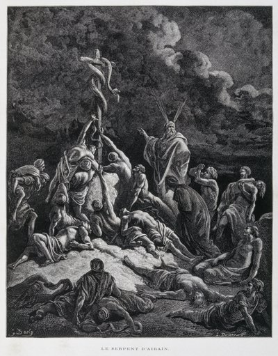Entonces Moisés hizo una serpiente de bronce y la puso en un asta. Números 21:7, Ilustración de la Biblia de Dore de Gustave Dore
