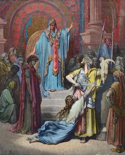 El juicio de Salomón - Salomón hace el juicio de dividir al bebé entre los dos reclamantes - Grabado por Gustave Doré (1832-1883) - coloreado posteriormente de Gustave Dore