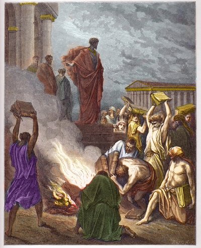 San Pablo en Éfeso - La Predicción de San Pablo en Éfeso. Judíos que practicaban exorcismos queman los libros - grabado en “La Biblia ilustrada” por Gustave Doré (1832-1883) - Grabado de “La Biblia de Doré” de Gustave Dore