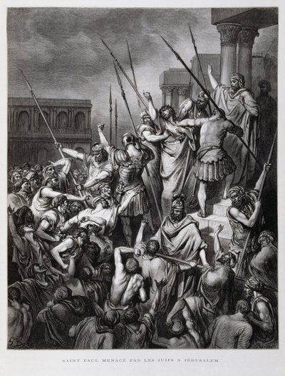 San Pablo atacado por los judíos de Jerusalén, Ilustración de la Biblia de Dore de Gustave Dore