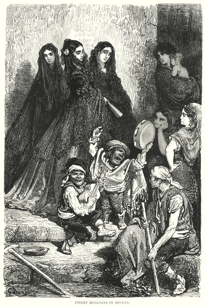 Músicos callejeros en Sevilla (grabado) de Gustave Dore