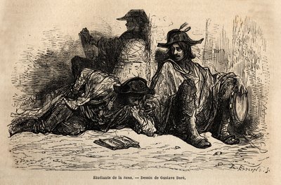 Estudiantes de tuna en el distrito de la Universidad de Alcalá de Henares, la peculiaridad de estos estudiantes que han adoptado una vida ociosa, libre y errante es no estudiar, boceto en vivo por Gustave Doré. Grabado para ilustrar el viaje de Gustave Dore