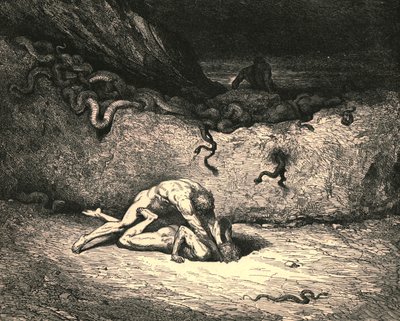 Ese duende del aire es Schicchi, en igual estado de ánimo de travesura aleatoria aún desahoga su rencor, c1890 de Gustave Dore