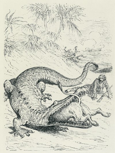 "Las aventuras del Barón de Munchausen" (Munchhausen): El intrépido Barón de Munchausen perseguido por un león se cruza en el camino de un enorme cocodrilo que devorará al león. Ilustración de Gustave Doré Finales del siglo XIX. de Gustave Dore