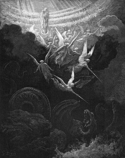 El Arcángel Miguel y sus ángeles luchando contra el dragón de Gustave Dore