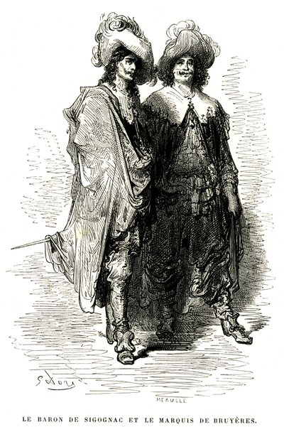 El barón de Sigognac y el marqués de Bruyeres. Grabado de Gustave Dore que ilustra la novela de Theophile Gautier "Le capitaine Fracasse", edición Charpentier 1863. de Gustave Dore