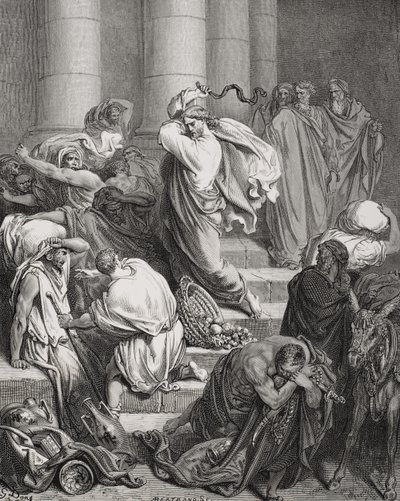 Los compradores y vendedores expulsados del templo, Lucas 19:45-46, ilustración de 