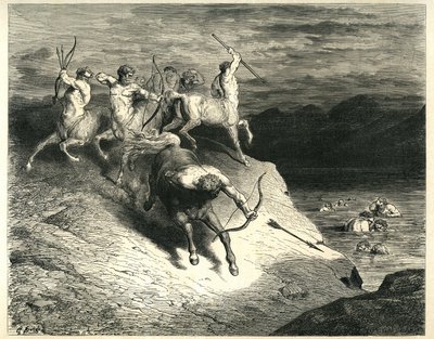 Los centauros lanzan flechas contra las presas que salen de los pantanos de la Estigia. Grabado de El Infierno de Dante Alighieri (la Divina Comedia) ilustrado por Gustave Dore. Edición francesa de 1861. "Noi ci appressammo a quel proud snelle. (Nos acerca de Gustave Dore