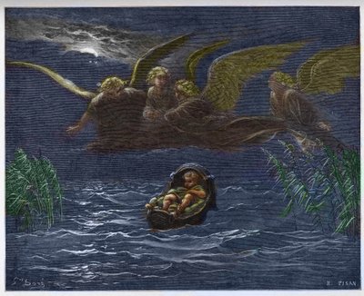 El niño Moisés en el Nilo rodeado por los ángeles guardianes de Gustave Dore