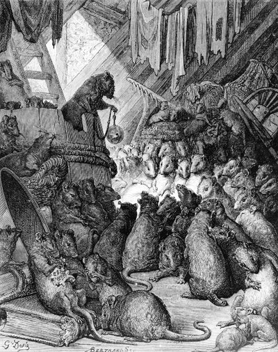 El consejo de las ratas, de las Fábulas de La Fontaine, grabado por Antoine Valerie Bertrand (n.1823) c.1868 de Gustave Dore