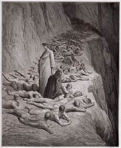 La Divina Comedia, Purgatorio, Canto 19: Las almas de los avaros: Adriano V habla con Dante - por Dante Alighieri (1265-1321) - Ilustración de Gustave Doré (1832-1883). de Gustave Dore