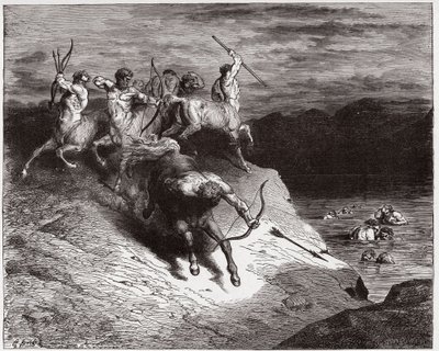 La Divina Comedia, Infierno, Canto 12: Los centauros atacan las almas en sangre hirviente - Ilustración de Gustave Doré de Gustave Dore
