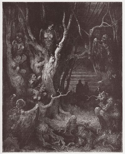 La Divina Comedia (La Divina Commedia, La Divine Comedie), Infierno, Canto 13: Las arpías en el bosque de los suicidas - por Dante Alighieri (1265-1321) - Ilustración de Gustave Doré (1832-1883) de Gustave Dore