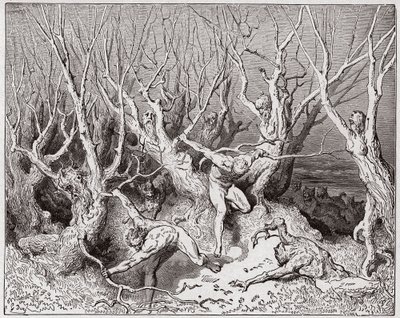 La Divina Comedia (La Divina Commedia, La Divine Comédie), Infierno, Canto 13: Los suicidas huyen del bosque - por Dante Alighieri (1265-1321) - Ilustración de Gustave Doré (1832-1883) de Gustave Dore