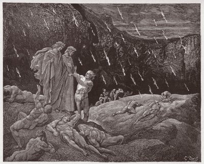 La Divina Comedia, Infierno, Canto 15: Brunetto Latini aborda a Dante - por Dante Alighieri (1265-1321) - Ilustración de Gustave Doré (1832-1883) de Gustave Dore