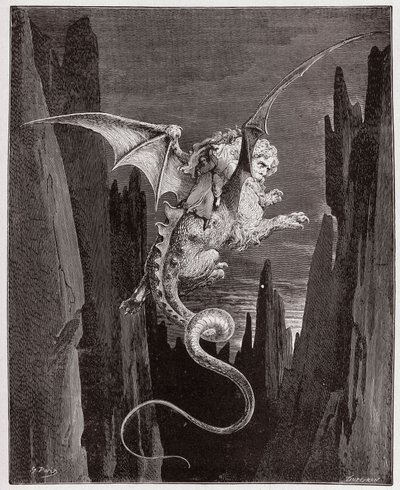 La Divina Comedia (La Divina Commedia, La Divine Comédie), Infierno, Canto 17: El descenso al abismo en la espalda de Gerión - por Dante Alighieri (1265-1321) - Ilustración de Gustave Doré (1832-1883) de Gustave Dore