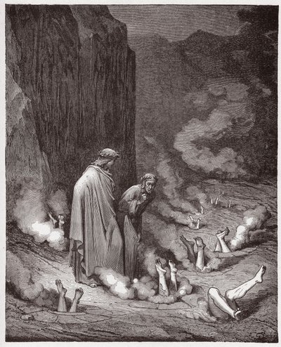 La Divina Comedia (La Divina Commedia, La Divine Comedie), Infierno, Canto 19: Dante reprende al Papa Nicolás III en la cuarta bolgia - por Dante Alighieri (1265-1321) - Ilustración de Gustave Doré (1832-1883) de Gustave Dore
