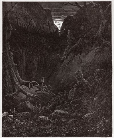 La Divina Comedia, Infierno, Canto 1: El león confronta repentinamente a Dante - Ilustración de Gustave Doré de Gustave Dore