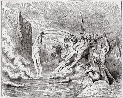 La Divina Comedia, Infierno, Canto 21: Los demonios atormentan a los barateros - por Dante Alighieri (1265-1321) - Ilustración de Gustave Doré (1832-1883) de Gustave Dore