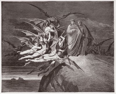 La Divina Comedia, Infierno, Canto 21: Los demonios amenazan a Virgilio - por Dante Alighieri (1265-1321) - Ilustración de Gustave Doré (1832-1883) de Gustave Dore