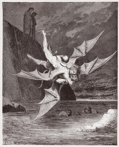 La Divina Comedia (La Divina Commedia, La Divine Comedie), Infierno, Canto 22: Alichino y Calcabrina se enfrentan sobre el alquitrán - por Dante Alighieri (1265-1321) - Ilustración de Gustave Doré (1832-1883) de Gustave Dore