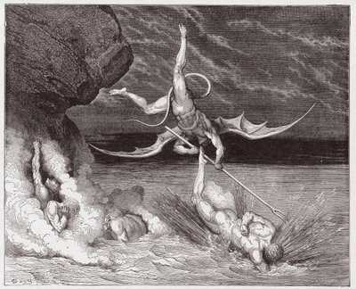 La Divina Comedia (La Divina Commedia, La Divine Comedie), Infierno, Canto 22: Ciampolo escapa del demonio Alichino en la quinta bolgia - por Dante Alighieri (1265-1321) - Ilustración de Gustave Doré (1832-1883) de Gustave Dore