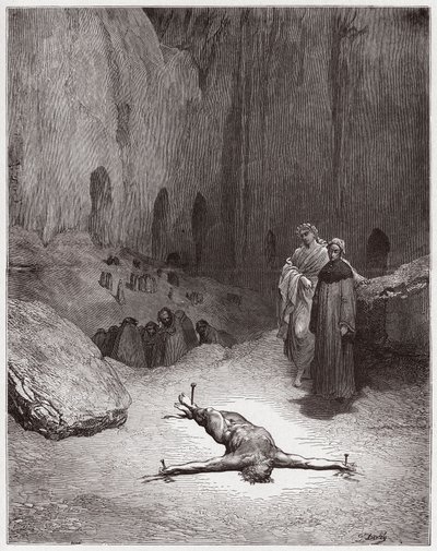 La Divina Comedia, Infierno, Canto 23: Un fariseo crucificado entre los hipócritas - por Dante Alighieri (1265-1321) - Ilustración de Gustave Doré (1832-1883) de Gustave Dore