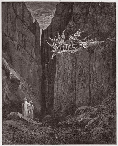 La Divina Comedia, Infierno, Canto 23: Los poetas escapan de los demonios de la quinta bolgia - por Dante Alighieri (1265-1321) - Ilustración de Gustave Doré (1832-1883) de Gustave Dore