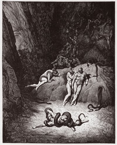 La Divina Comedia, Infierno, Canto 25: Agnello transformándose en serpiente - Ilustración de Gustave Doré de Gustave Dore