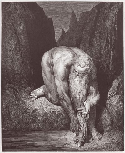 La Divina Comedia, Infierno, Canto 31: El gigante Anteo baja a Dante y Virgilio al último círculo - por Dante Alighieri (1265-1321) - Ilustración de Gustave Doré (1832-1883) de Gustave Dore