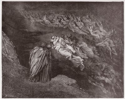La Divina Comedia, Infierno, Canto 5: El alma de Francesca habla con Dante - Ilustración de Gustave Doré de Gustave Dore