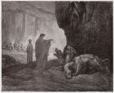 La Divina Comedia, Infierno, Canto 6: Virgilio alimenta a Cerbero en el tercer círculo - por Dante Alighieri (1265-1321) - Ilustración de Gustave Doré (1832-1883) de Gustave Dore