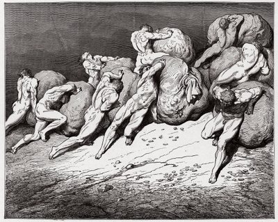 La Divina Comedia, Infierno, Canto 7: Las almas de los avaros y los pródigos obligadas a rodar piedras pesadas - por Dante Alighieri (1265-1321) - Ilustración de Gustave Doré (1832-1883) de Gustave Dore