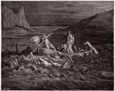 La Divina Comedia, Infierno, Canto 8: Flegias lleva a Dante y Virgilio a través del Estigia - por Dante Alighieri (1265-1321) - Ilustración de Gustave Doré (1832-1883) de Gustave Dore