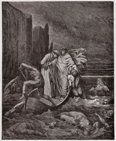 La Divina Comedia, Infierno, Canto 8: El alma del florentino Filippo Argenti aborda a los poetas en el Estigia (Ilustración de Gustave Doré) de Gustave Dore