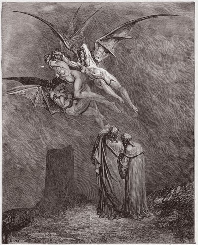 La Divina Comedia (La Divina Commedia, La Divine Comédie), Infierno, Canto 9: Las horribles Erinias: Megaera, Tisífone, Alecto - por Dante Alighieri (1265-1321) - Ilustración de Gustave Doré (1832-1883) de Gustave Dore