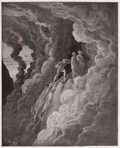 La Divina Comedia (La Divina Commedia, La Divine Comedie), Purgatorio, Canto 16: Marco Lombardo sigue a los poetas a través del humo - por Dante Alighieri (1265-1321) - Ilustración de Gustave Doré (1832-1883) de Gustave Dore